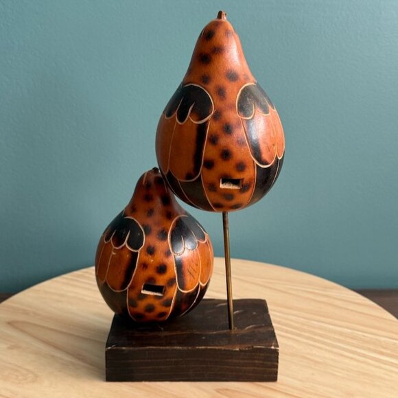 Vintage 70's Peruvian Hand-Carved Gourd Birds Sculpture Set On Wooden Base - Picture 6 of 10